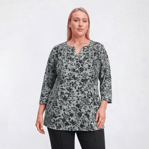 Plus Size Napa Valley 3/4 Sleeve Floral Split Neck Knit Blouse